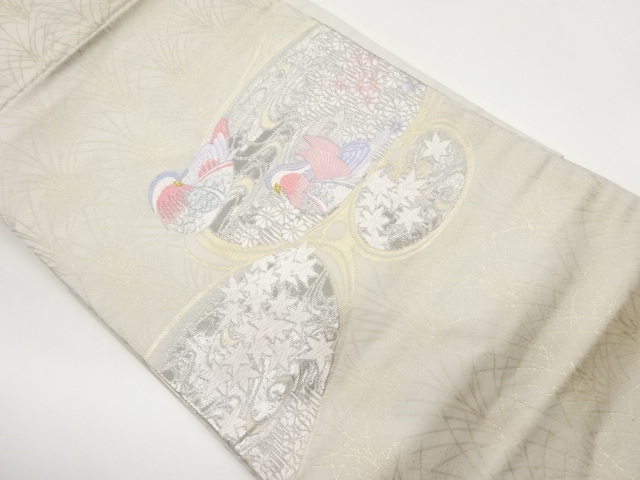 プラチナ箔曲線に花鳥模様織出し名古屋帯